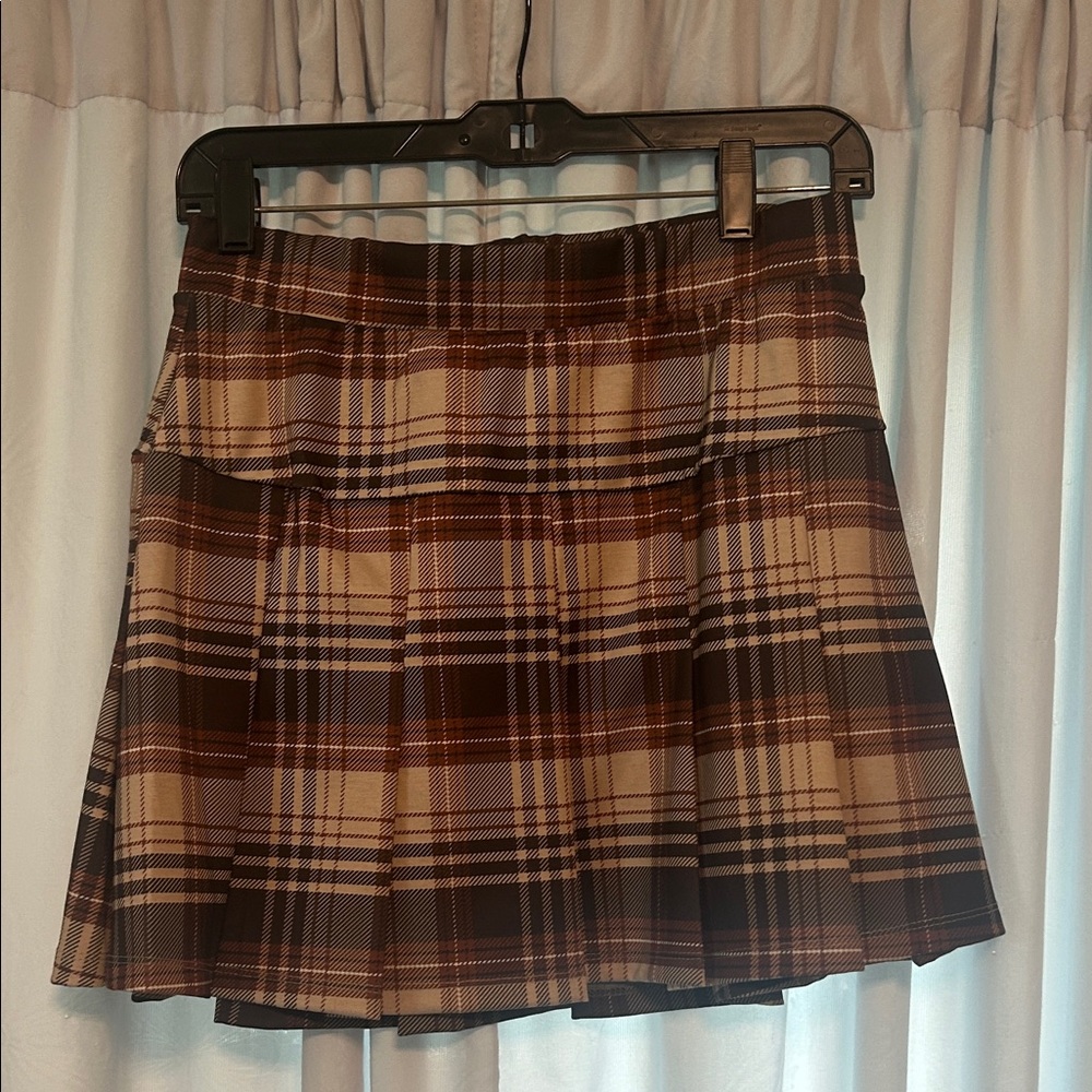 Pink Rose A-Line Plaid Skirt - Brown and Cream